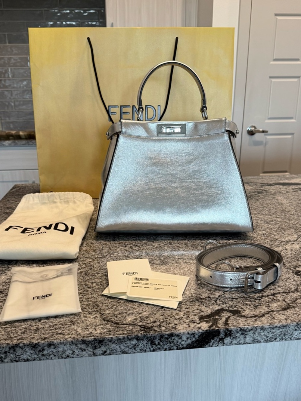 Fendi Metallic Silver Peekaboo size Medium with Strap